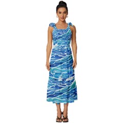 Abstract Blue Wave Tie-strap Tiered Midi Chiffon Dress by GardenOfOphir