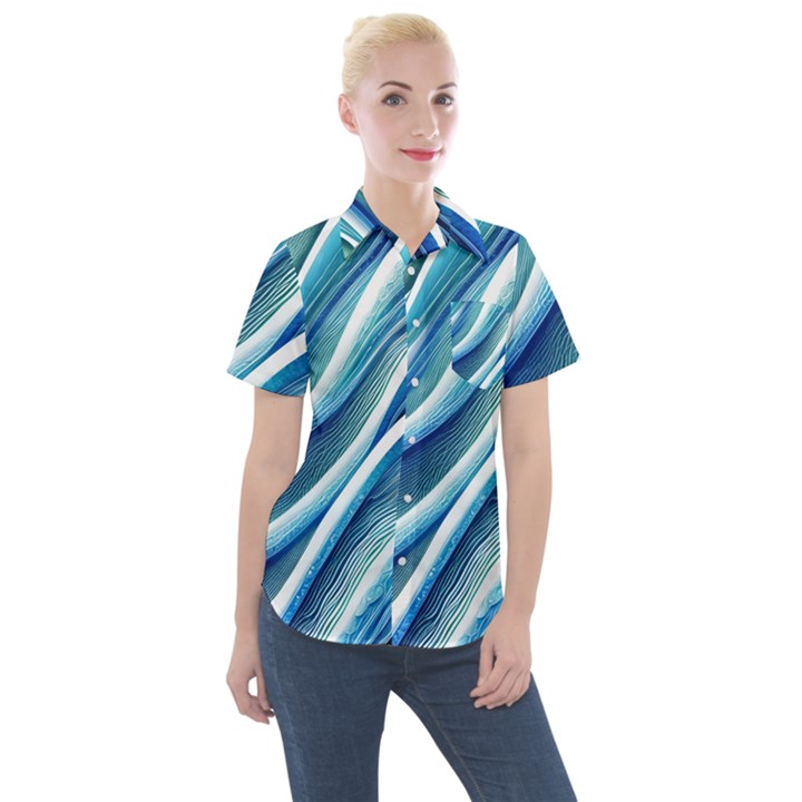 Blue Ocean Waves Women s Short Sleeve Pocket Shirt