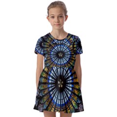 Mandala Floral Wallpaper Rose Window Strasbourg Cathedral France Kids  Short Sleeve Pinafore Style Dress by Jancukart