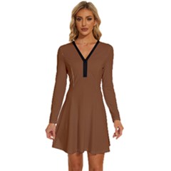 Caramel Cafe Brown	 - 	long Sleeve Deep V Mini Dress by ColorfulDresses