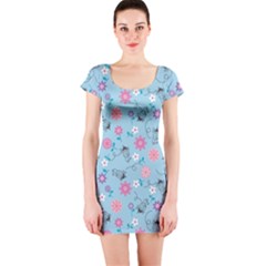 Pink And Blue Floral Wallpaper Short Sleeve Bodycon Dress