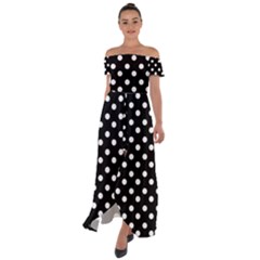 Black And White Polka Dots Off Shoulder Open Front Chiffon Dress by GardenOfOphir
