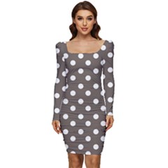 Brown And White Polka Dots Women Long Sleeve Ruched Stretch Jersey Dress by GardenOfOphir