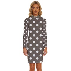 Brown And White Polka Dots Long Sleeve Shirt Collar Bodycon Dress by GardenOfOphir