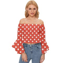 Indian Red Polka Dots Off Shoulder Flutter Bell Sleeve Top by GardenOfOphir