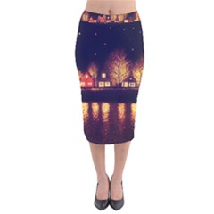 Night Houses River Bokeh Leaves Velvet Midi Pencil Skirt