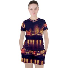 Night Houses River Bokeh Leaves Landscape Nature Women s Tee And Shorts Set