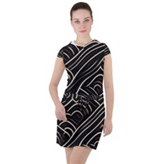 Black Coconut Color Wavy Lines Waves Abstract Drawstring Hooded Dress by Ravend