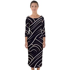 Black Coconut Color Wavy Lines Waves Abstract Quarter Sleeve Midi Bodycon Dress by Ravend