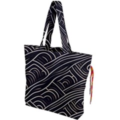 Black Coconut Color Wavy Lines Waves Abstract Drawstring Tote Bag by Ravend