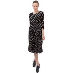 Black Coconut Color Wavy Lines Waves Abstract Ruffle End Midi Chiffon Dress by Ravend