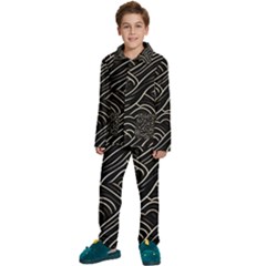 Black Coconut Color Wavy Lines Waves Abstract Kids  Long Sleeve Velvet Pajamas Set by Ravend