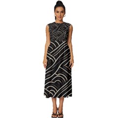 Black Coconut Color Wavy Lines Waves Abstract Sleeveless Round Neck Midi Dress by Ravend