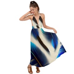 Feathers Pattern Design Blue Jay Texture Colors Backless Maxi Beach Dress