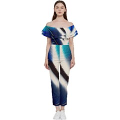Feathers Pattern Design Blue Jay Texture Colors Off Shoulder Ruffle Top Jumpsuit by Ravend