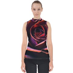 Purple Flower Rose Flower Black Background Mock Neck Shell Top by Ravend