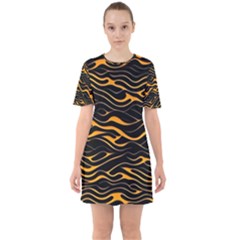 Waves Pattern Golden 3d Abstract Halftone Sixties Short Sleeve Mini Dress by Ravend