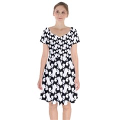 Playful Pups Black And White Pattern Short Sleeve Bardot Dress by dflcprintsclothing