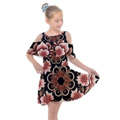 Floral Pattern Flowers Spiral Pattern Beautiful Kids  Shoulder Cutout Chiffon Dress