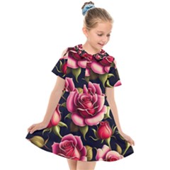 Roses Flowers Pattern Background Kids  Short Sleeve Shirt Dress by Ravend