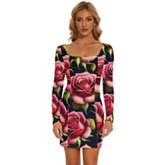 Roses Flowers Pattern Background Long Sleeve Square Neck Bodycon Velvet Dress