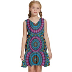 Mandela Kaleidoscope Squares Geometric Shapes Kids  Sleeveless Tiered Mini Dress