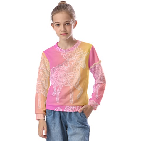 Unicorm Orange And Pink Kids  Long Sleeve Tee With Frill  by lifestyleshopee