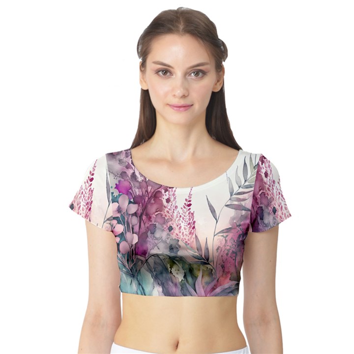 Ai Generated Flowers Watercolour Nature Plant Short Sleeve Crop Top