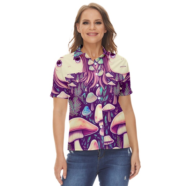 Fairy Mushroom Illustration Design Women s Short Sleeve Double Pocket Shirt