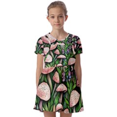 Flowery Garden Nature Woodsy Mushroom Kids  Short Sleeve Pinafore Style Dress by GardenOfOphir