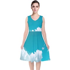 Clouds Hd Wallpaper V-neck Midi Sleeveless Dress  by artworkshop