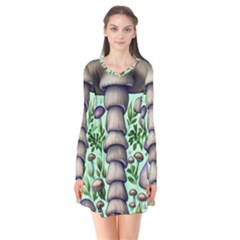 Forest Mushrooms Long Sleeve V-neck Flare Dress by GardenOfOphir