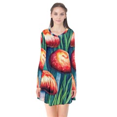 Enchanted Forest Mushroom Long Sleeve V-neck Flare Dress by GardenOfOphir