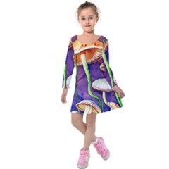 Foraging Mushroom Garden Kids  Long Sleeve Velvet Dress by GardenOfOphir