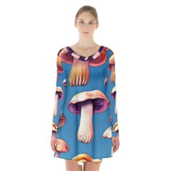 Cozy Forest Mushrooms Long Sleeve Velvet V-neck Dress by GardenOfOphir