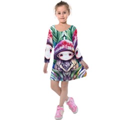 Fantasy Mushroom Forest Kids  Long Sleeve Velvet Dress by GardenOfOphir