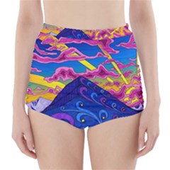 Psychedelic Colorful Lines Nature Mountain Trees Snowy Peak Moon Sun Rays Hill Road Artwork Stars Sk High-waisted Bikini Bottoms by Jancukart