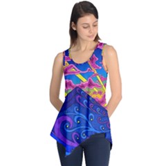 Psychedelic Colorful Lines Nature Mountain Trees Snowy Peak Moon Sun Rays Hill Road Artwork Stars Sk Sleeveless Tunic by Jancukart