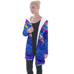 Psychedelic Colorful Lines Nature Mountain Trees Snowy Peak Moon Sun Rays Hill Road Artwork Stars Sk Longline Hooded Cardigan by Jancukart