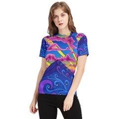 Psychedelic Colorful Lines Nature Mountain Trees Snowy Peak Moon Sun Rays Hill Road Artwork Stars Sk Women s Short Sleeve Rash Guard by Jancukart