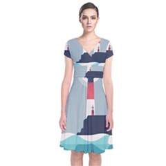 Lighthouse Ocean Nautical Sea Minimal Minimalist Short Sleeve Front Wrap Dress by Pakemis