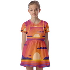 Sunset Ocean Beach Water Tropical Island Vacation Landscape Kids  Short Sleeve Pinafore Style Dress by Pakemis