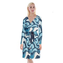 Pattern Ocean Waves Arctic Ocean Blue Nature Sea Long Sleeve Velvet Front Wrap Dress by Pakemis