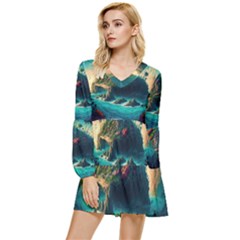 Tropical Island Paradise Ocean Sea Palm Trees Tiered Long Sleeve Mini Dress by Pakemis