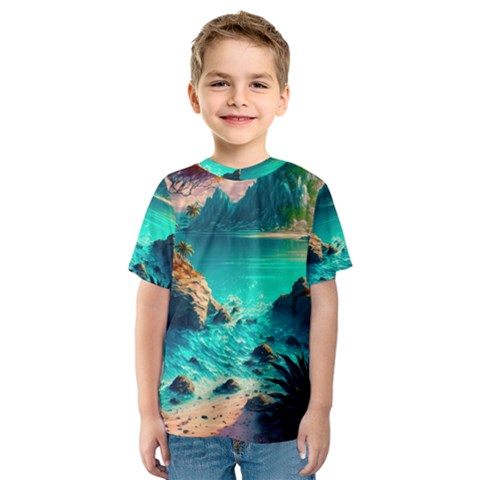 Tropical Paradise Beach Ocean Shore Sea Fantasy Kids  Sport Mesh Tee by Pakemis