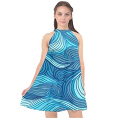 Ocean Waves Sea Abstract Pattern Water Blue Halter Neckline Chiffon Dress  by Pakemis