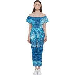 Ocean Waves Sea Abstract Pattern Water Blue Off Shoulder Ruffle Top Jumpsuit by Pakemis