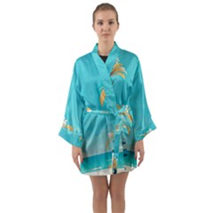 Beach Ocean Flowers Floral Plants Vacation Long Sleeve Satin Kimono by Pakemis