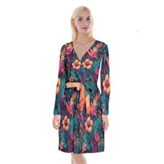 Tropical Flowers Floral Floral Pattern Pattern Long Sleeve Velvet Front Wrap Dress by Pakemis