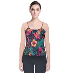 Tropical Flowers Floral Floral Pattern Pattern Velvet Spaghetti Strap Top by Pakemis